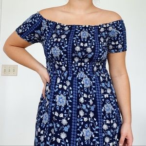 Blue Floral Pattern Mid-Length Off Shoulder Dress